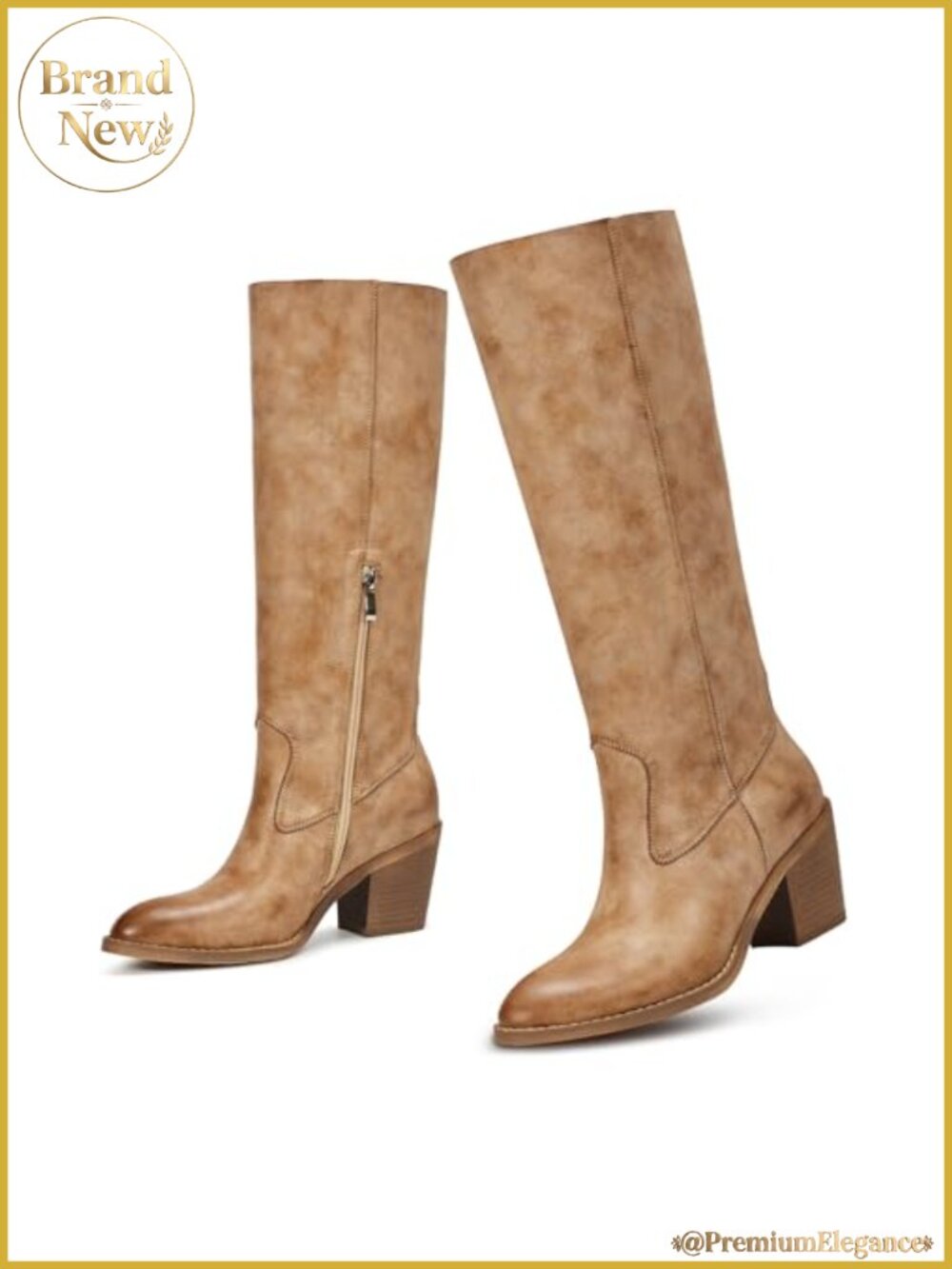 Knee High Boots Square Toe Block Heel Faux Leather Women's